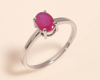 Natural Ruby Ring in Sterling Silver – Dainty July Birthstone Ring, Minimalist Red Gemstone Promise Ring, Ruby Engagement Gift for Her"