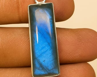 Blue Labradorite Pendant Sterling Silver | Rectangle Labradorite Necklace | Flashy Gemstone Pendant | Healing Crystal Jewelry Gift for Her”