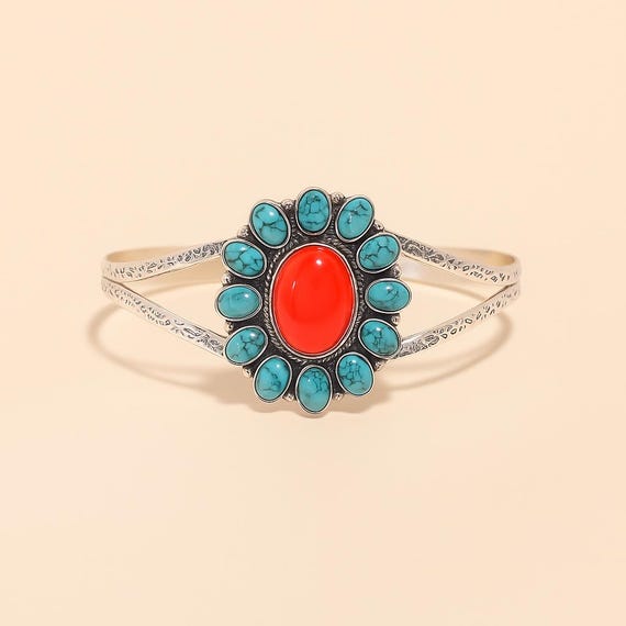 Red Coral and Turquoise Silver Cuff Bracelet | Boho 