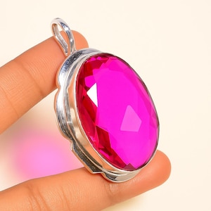 Hot Pink Crystal Pendant • Faceted Gemstone Necklace • 925 Sterling Silver Plated Statement Jewelry • Bold Fuchsia Charm • Gift for Her&quot;