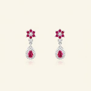 Ruby Flower Drop Earrings, Teardrop Ruby Dangle Earrings, Diamond Halo Bridal Earrings, July Birthstone Gift for Her, Wedding Jewelry"
