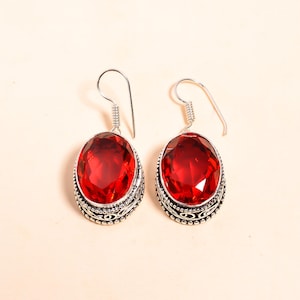 Handmade Red Garnet Dangle Earrings: Vintage Sterling Silver Hooks