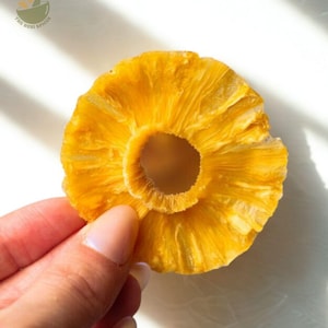 以下が含まれることがあります： 白い背景に、黄金色の乾燥パイナップルの輪が写っています。輪には中心に穴があり、繊維状の質感が確認できます。画像は明るく、影が奥行きを加えています。この商品は、おやつまたは食材である可能性があります。