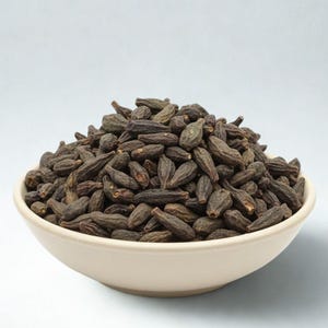 May include: A beige ceramic bowl filled with dark brown, oblong-shaped dried fruits. The fruits have a textured appearance and are densely packed within the bowl. The bowl is set against a plain white background.