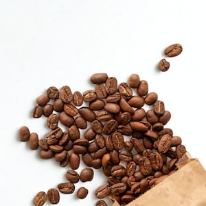 以下が含まれることがあります： 白い表面に、茶色の紙袋からこぼれ落ちる焙煎コーヒー豆。豆は濃い茶色で、テクスチャと形がはっきりと見えます。この画像は、コーヒー、おそらく醸造や焙煎に焦点を当てていることを示唆しています。