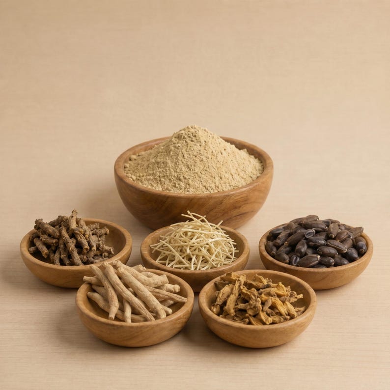 May include: A collection of various dried herbs and powders displayed in small, round wooden bowls. The bowls are arranged on a light brown surface, with a larger bowl of powder at the top. The herbs vary in color and texture.