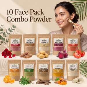Puede incluir: Una colección de diez polvos de mascarilla facial orgánica en bolsas de papel kraft. Los paquetes incluyen pétalos de rosa, sándalo, patata, remolacha, tomate, cáscara de naranja, hoja de neem, mulethi, cúrcuma silvestre y arcilla de caolín. El texto "10 Face Pack Combo Powder" está en la parte superior.