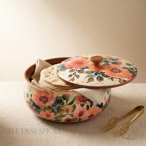 Handcrafted Wooden Roti Box: Pastel Flora Enamel Serving Casserole Kitchen Decor