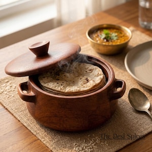 Handgjord trähandi roti-låda i mahognyfinish, chapati-gryta, köksserveringsdekor, indisk present