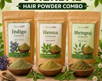 May include: Three herbal hair powder combo packs. Each kraft paper bag is labeled with the name of the powder: Indigo, Henna, and Bhringraj. Each bag contains 100 grams of powder. The image also shows wooden bowls filled with the powders and the words "100% Natural".