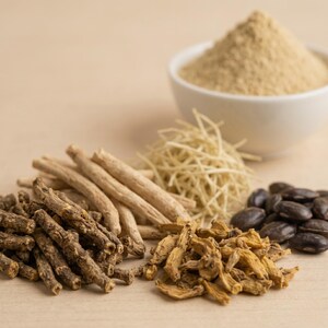 May include: An assortment of dried herbs and spices, including roots, shredded pieces, and seeds, are arranged on a light-colored surface. A white bowl filled with a light brown powder is in the background. The image showcases various natural ingredients.