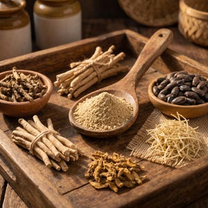 May include: A wooden tray displays various dried herbs and spices. A wooden spoon holds a pile of light brown powder. Small wooden bowls contain dark seeds, dried roots, and other plant-based ingredients. Bundles of sticks are tied with twine.