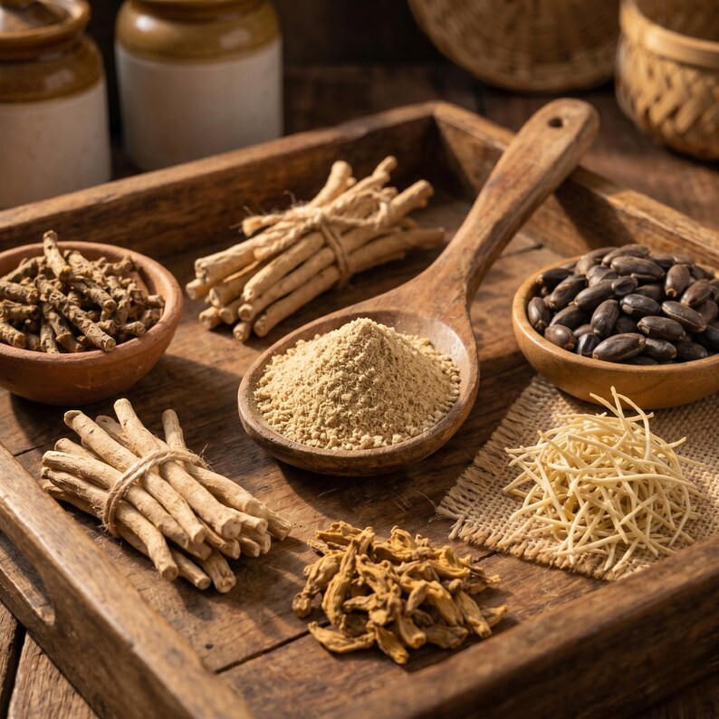 May include: A wooden tray displays various dried herbs and spices. A wooden spoon holds a pile of light brown powder. Small wooden bowls contain dark seeds, dried roots, and other plant-based ingredients. Bundles of sticks are tied with twine.