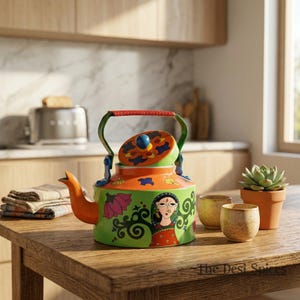 Puede incluir: Una colorida tetera pintada a mano con boquilla y asa naranja, cuerpo verde y tapa con pomo azul. La tetera presenta diseños florales y de retrato. Dos tazas amarillas pequeñas y una suculenta en maceta están cerca.