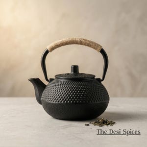Peut inclure: Théière en fonte noire avec une surface texturée et une poignée enveloppée de corde. La théière a un bec verseur et un couvercle. Un petit tas de feuilles de thé est à côté de la théière. Le texte "The Desi Spices" est en bas.