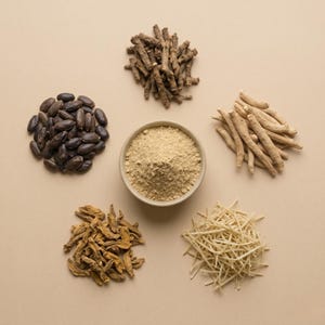 May include: An overhead shot displays various dried herbs and spices. A small bowl of beige powder is surrounded by piles of dark brown seeds, light brown roots, and dried, light-colored, shredded pieces. The background is a solid, light beige color.
