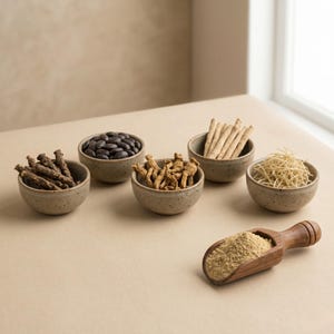 May include: A collection of small, speckled ceramic bowls filled with various dried herbs and spices. The bowls contain items like black beans, ginseng, and noodles. A wooden scoop holds a pile of ground powder.