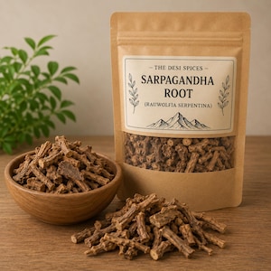 Op de afbeelding: Een bruine papieren zak met Sarpgandha Root (Rauwolfia Serpentina) met een wit label en een bergafbeelding. Een houten kom en een stapel van de wortel staan voor de zak. De tekst op het label luidt: "- THE DESI SPICES - SARPAGANDHA ROOT (RAUWOLFIA SERPENTINA)".