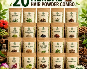 May include: A collection of 20 herbal hair powder packets, each labeled with a different herb name. The packets are arranged in rows, with text that reads "20 Herbal Hair Powder Combo". The image also includes text that reads "100% Natural", "Chemical Free", and "For All Hair Types".