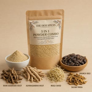 May include: A brown paper bag labeled "THE DESI SPICES 5 IN 1 POWDER COMBO" with various herbs and spices. Includes a bowl of powder, roots, and seeds. The ingredients are labeled: Irani Akarkara Root, Ashwagandha Root, Musli Safed, Salam Panja, and Kaunch Beej.