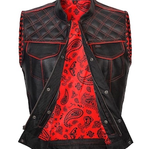 Men&#39;s Black Leather Motorcycle Vest – Diamond Stitch Biker Waistcoat with Red Lining & Concealed Carry Pockets Club Style Motorcycle Gear