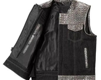 Crocodile Embossed Leather Denim Biker Vest - Club Style Waistcoat
