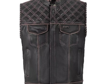 Men’s Leather Motorcycle Waistcoat – Biker Touring Vest – Classic Motorbike Riding Waistcoat