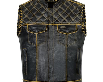 Handmade Leather Denim Biker Vest: Men's Motorcycle Club Style