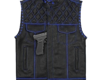 Men's Black Leather Diamond Stitch Motorcycle Vest: Concealed Carry, Blue Lining