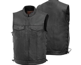 Men’s Cowhide Leather Motorcycle Vest – Black Biker Waistcoat, Side Laces