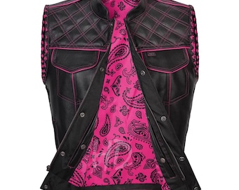 Chaleco de cuero para motociclista hecho a mano: chaleco acolchado de rombos en negro y rosa para montar en moto.