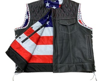 Men's Genuine Leather Biker Vest: American Flag Lining, Western Club Style