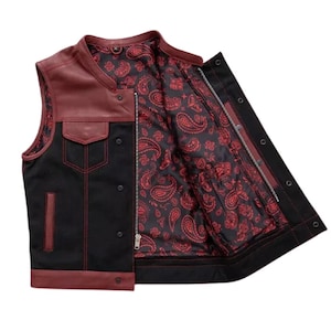 Men&#39;s Black & Red Leather Denim Vest with Black Paisley Lining – Concealed Carry Waistcoat Club Waistcoat Sleeveless Club Motorcycle Gear.