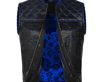 Handmade Crocodile Embossed Leather Biker Vest - Black & Blue Quilted Design