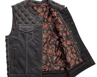 Men's Black Leather Motorcycle Vest | Orange Paisley Lining | Two-Color Stitch Biker Club Vest