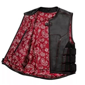 Men&#39;s Black SWAT Style Genuine Cowhide Leather Vest – Tactical Biker Waistcoat with Red Lining – Motorcycle Club Riding Gear
