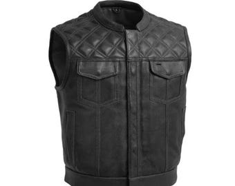 Motorcycle Men's Vest - Genuine Cowhide Leather | Perforated Biker Riding Vest for Men