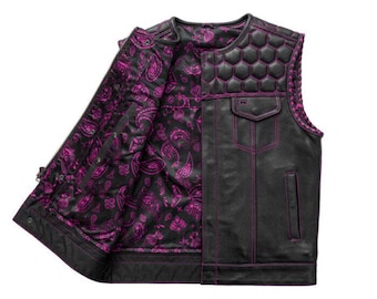 Handmade Leather Motorcycle Vest, Quilted Biker Vest with Paisley Lining