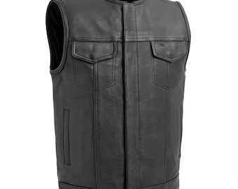 Genuine Cowhide Leather Motorcycle Vest - Collarless Biker Vest