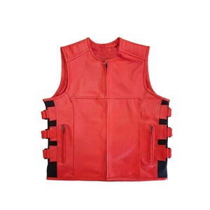 Men&#39;s Red SWAT Style Genuine Cowhide Leather Vest – Bulletproof Look Biker Waistcoat – Tactical Motorcycle Vest – Club Motorcycle Gear