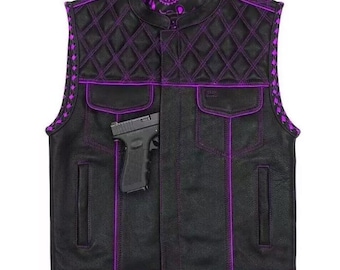 Men's Black Leather Biker Vest: Purple Lining Motorcycle Waistcoat