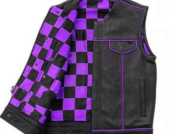 Men's Black Leather Biker Vest: Purple-Black Checker Lining