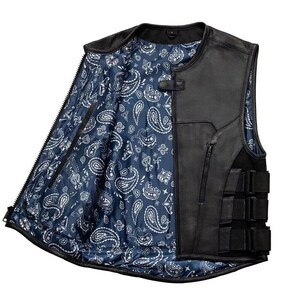 Men&#39;s Black SWAT Style Genuine Cowhide Leather Vest – Tactical Biker Waistcoat with Blue Lining – Motorcycle Club Riding Gear