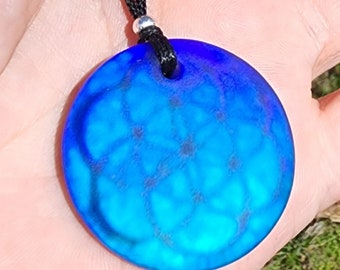 Lg fused Dichroic Glass hand etched ~ Seed of Life ~ Sacred geometry Pendant tblue green