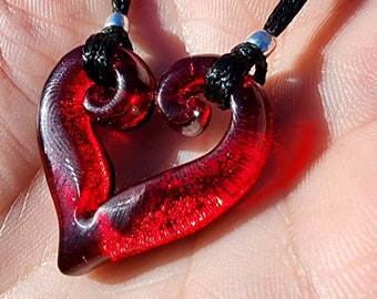 Medium  dub heart spiral carved dichroic glass Red pendant