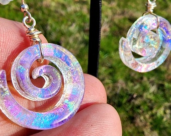 Dichroic glass carved spiral design rainbow galaxy on purple clear