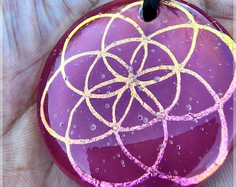 Lg fused Dichroic Glass hand etched ~ Seed of Life ~ Sacred geometry Pendant rose sunset