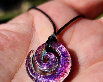 Small carved dichroic glass spiral purple pendant