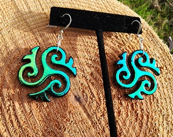 Dichroic glass carved spiral design cut earrings