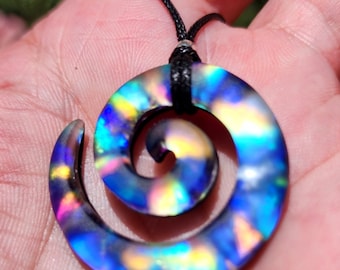 Medium sandblasted dichroic fused glass spiral rainbow galaxy glow pendant